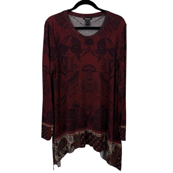 Desigual Tunic Top XXL Burgundy Floral Long Sleeve Asymmetrical Hem Boho Artsy - Picture 4 of 9